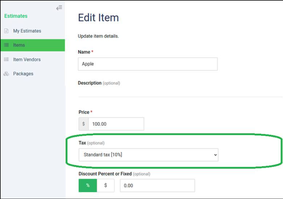 default item tax