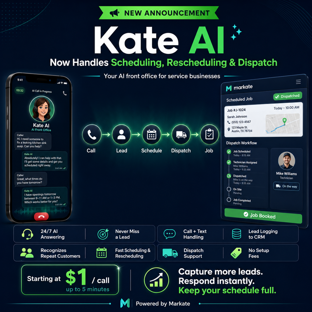 Kate AI from Markate provides scheduling, dispatching for $1 a call